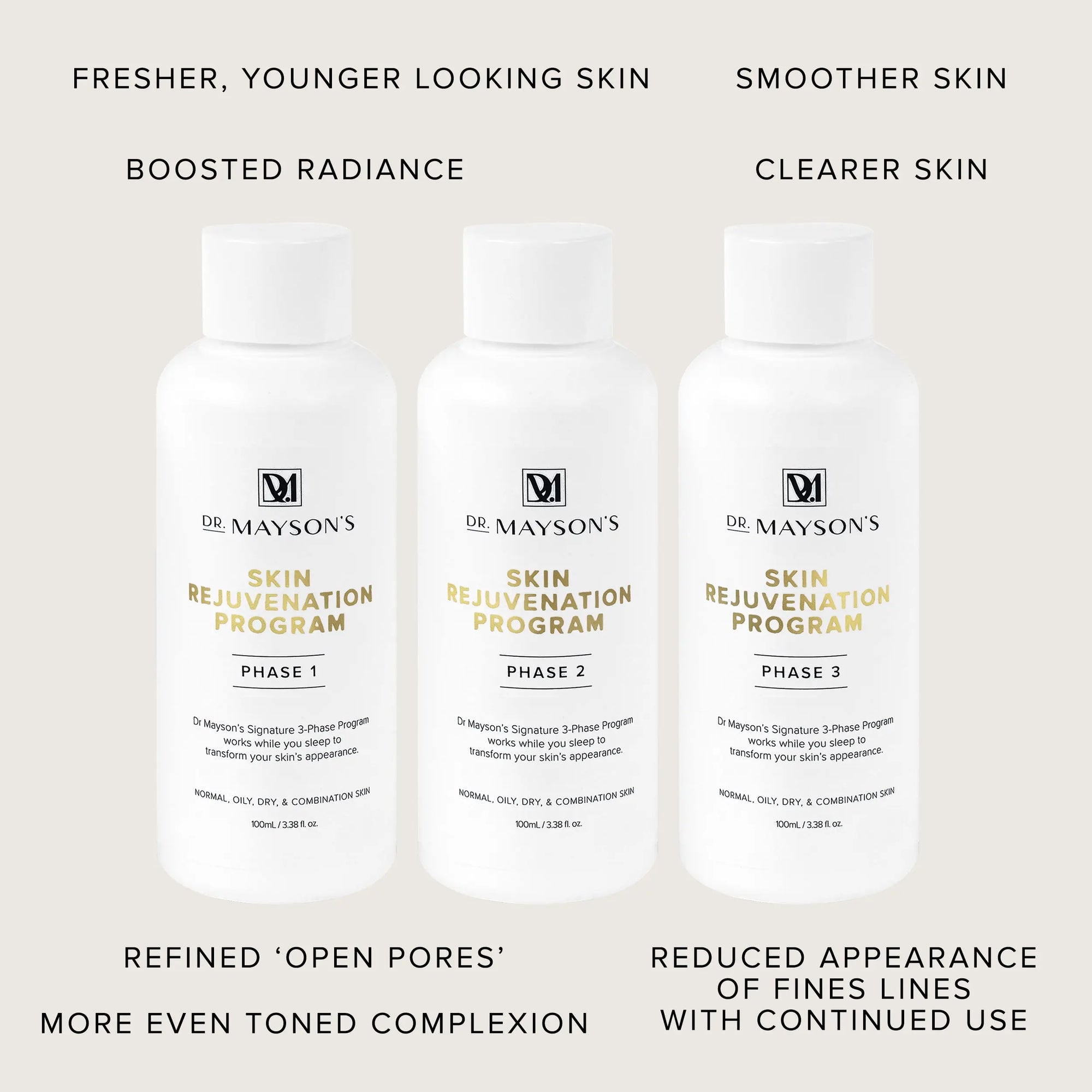 Dr Mayson's Skin Rejuvenation Program dr mayson's 3-phase skin rejuvenation program. smoother skin. clearer skin. more radiant skin. reduce lines and wrinkles. more even-toned complexion.