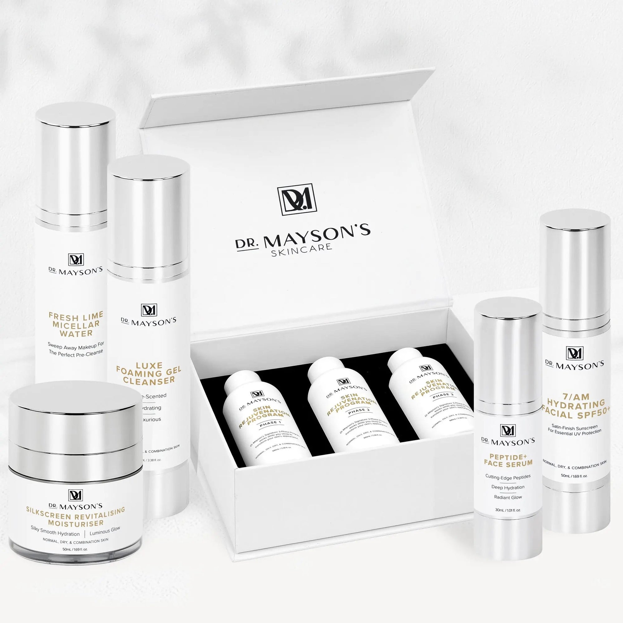 Signature Collection No. 3 Dr Mayson's Skincare. 3-phase skin rejuvenation program. fresh lime micellar water. luxe foaming gel cleanser. silkscreen revitalising moisturiser. peptide+ face serum. 7/am hydrating facial spf 50+ sunscreen.