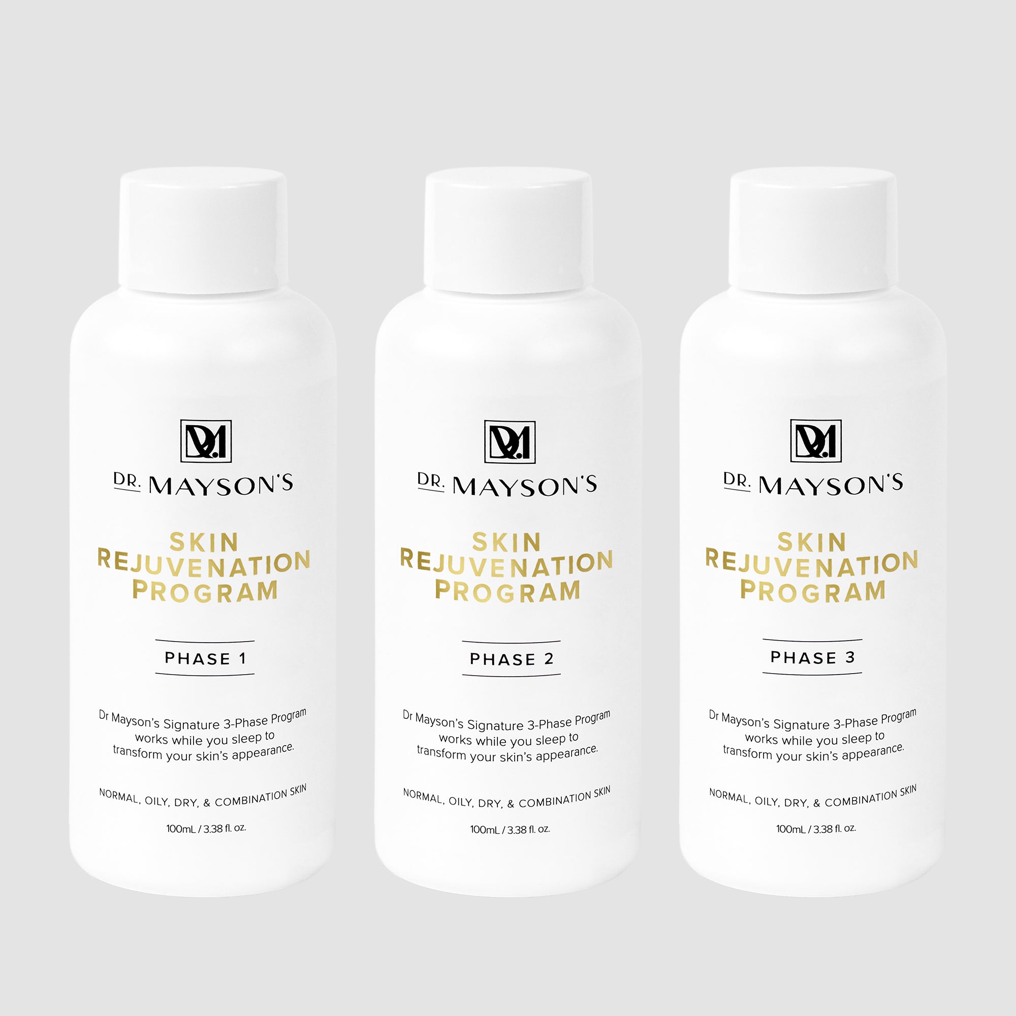 Three bottles of Dr. Mayson's Skin Rejuvenation Program on a light gray background