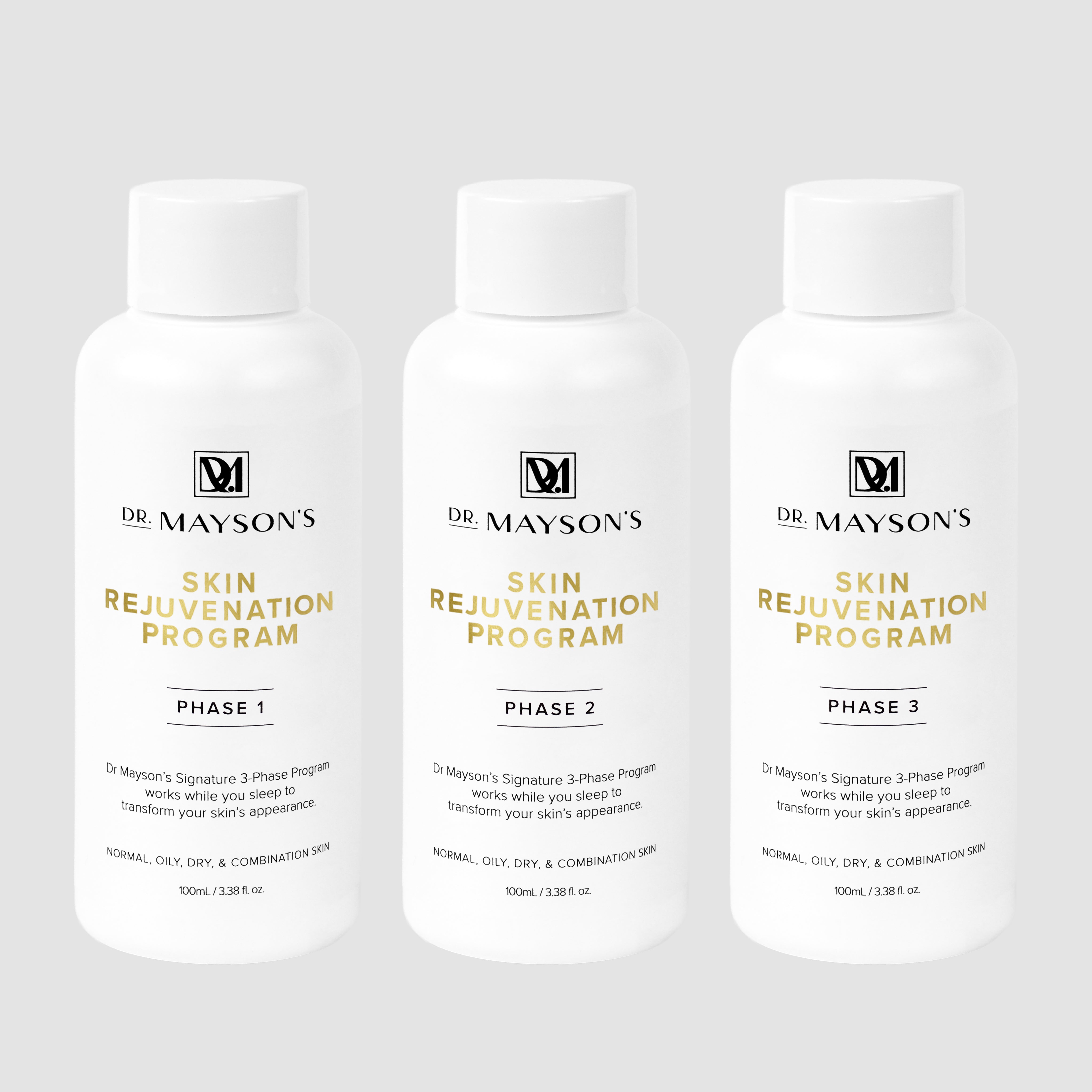 Skincare bottles from Dr. Mayson’s 3 phase glow program