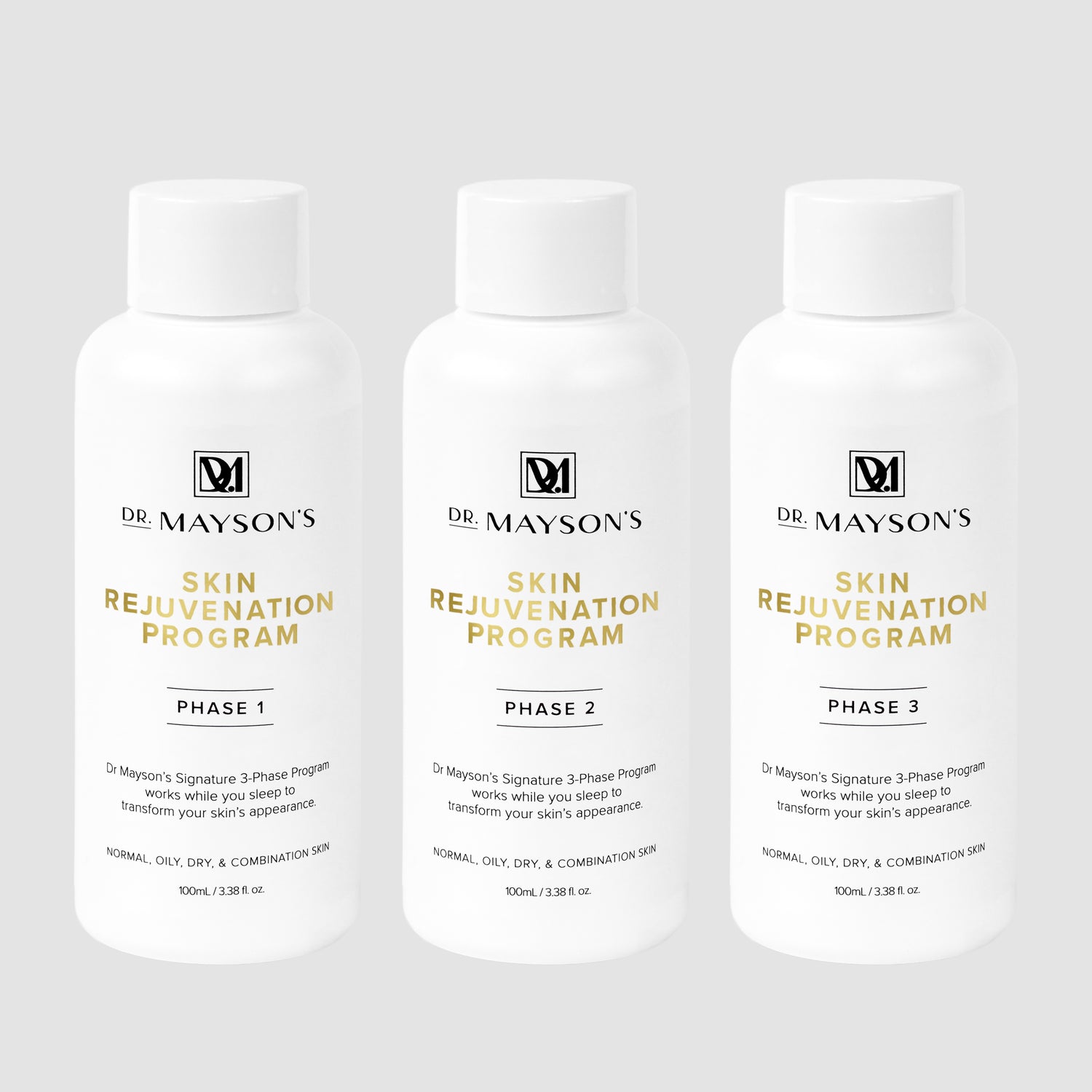 Skincare bottles from Dr. Mayson’s 3 phase glow program