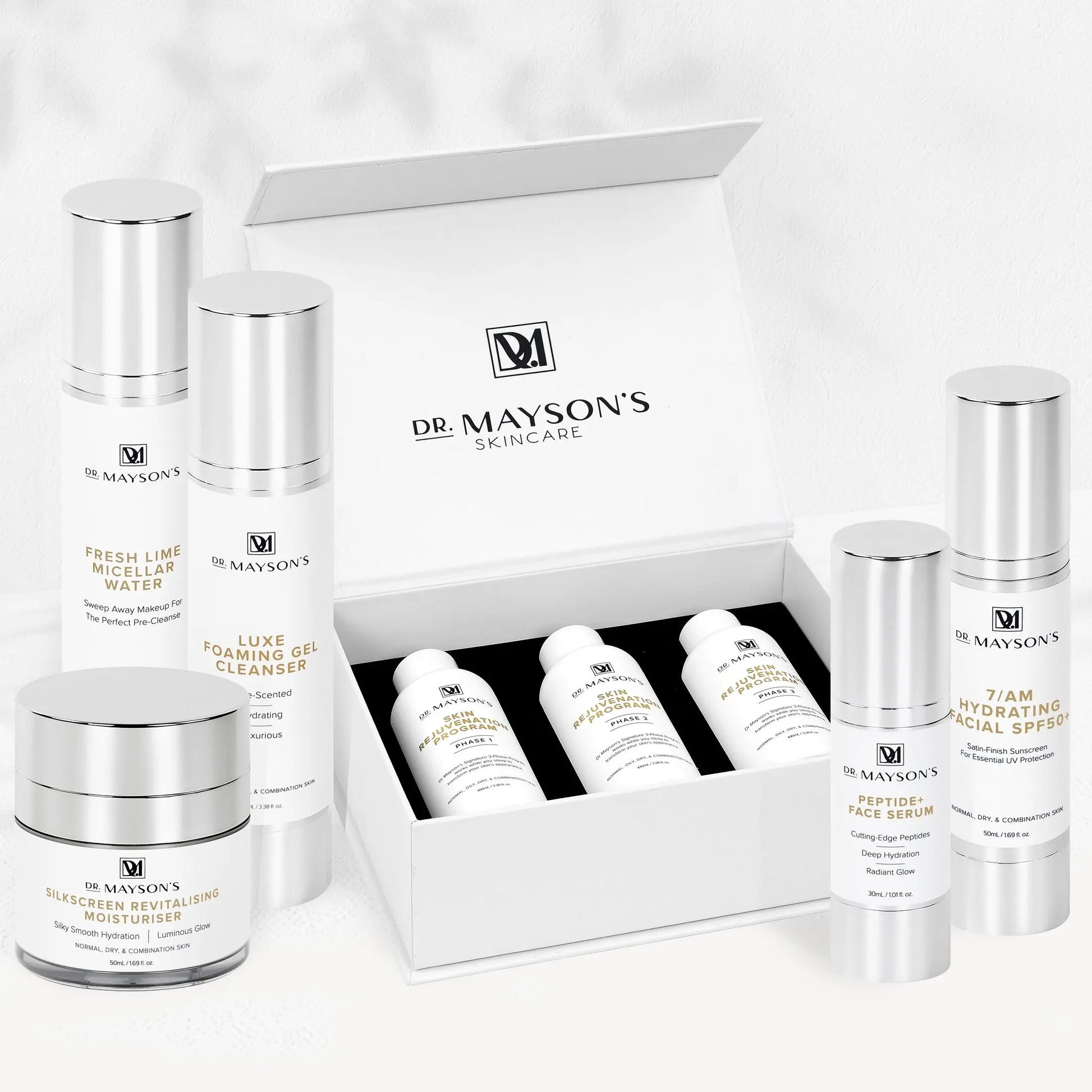 Signature Collection No. 3 Dr Mayson's Skincare. 3-phase skin rejuvenation program. fresh lime micellar water. luxe foaming gel cleanser. silkscreen revitalising moisturiser. peptide+ face serum. 7/am hydrating facial spf 50+ sunscreen.