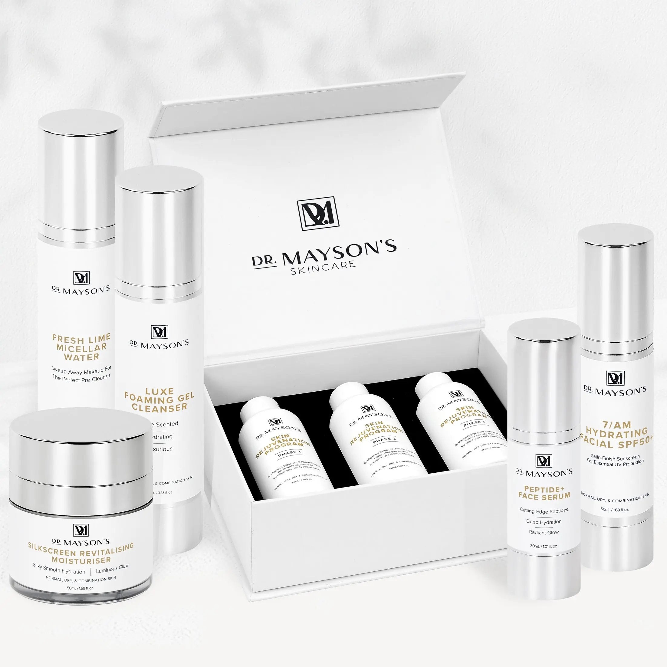 Signature Collection No. 3 Dr Mayson's Skincare. 3-phase skin rejuvenation program. fresh lime micellar water. luxe foaming gel cleanser. silkscreen revitalising moisturiser. peptide+ face serum. 7/am hydrating facial spf 50+ sunscreen.