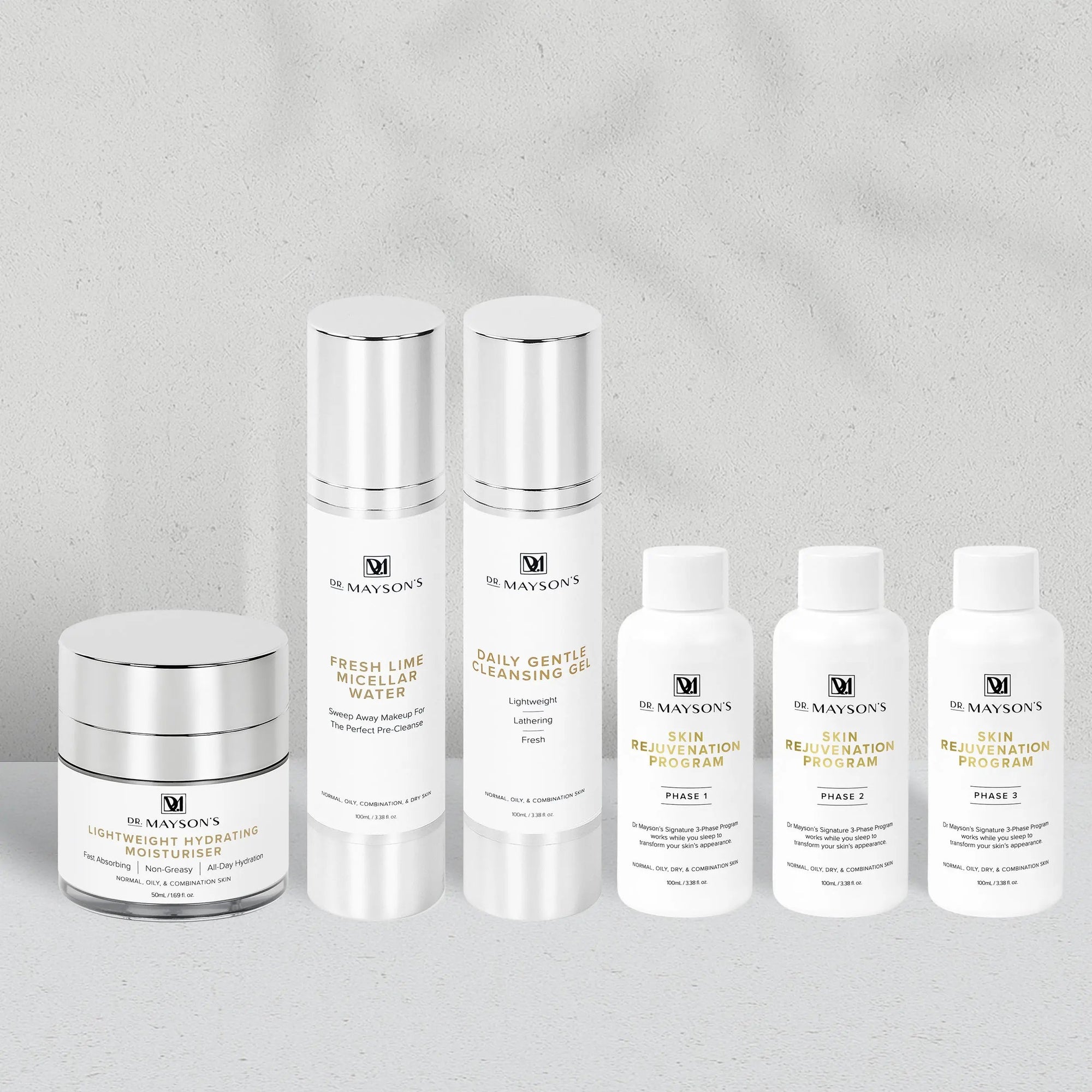 Signature Collection No. 4 Dr Mayson's Skincare. 3-phase skin rejuvenation program. fresh lime micellar water. daily gentle cleansing gel. lightweight hydrating moisturiser. 