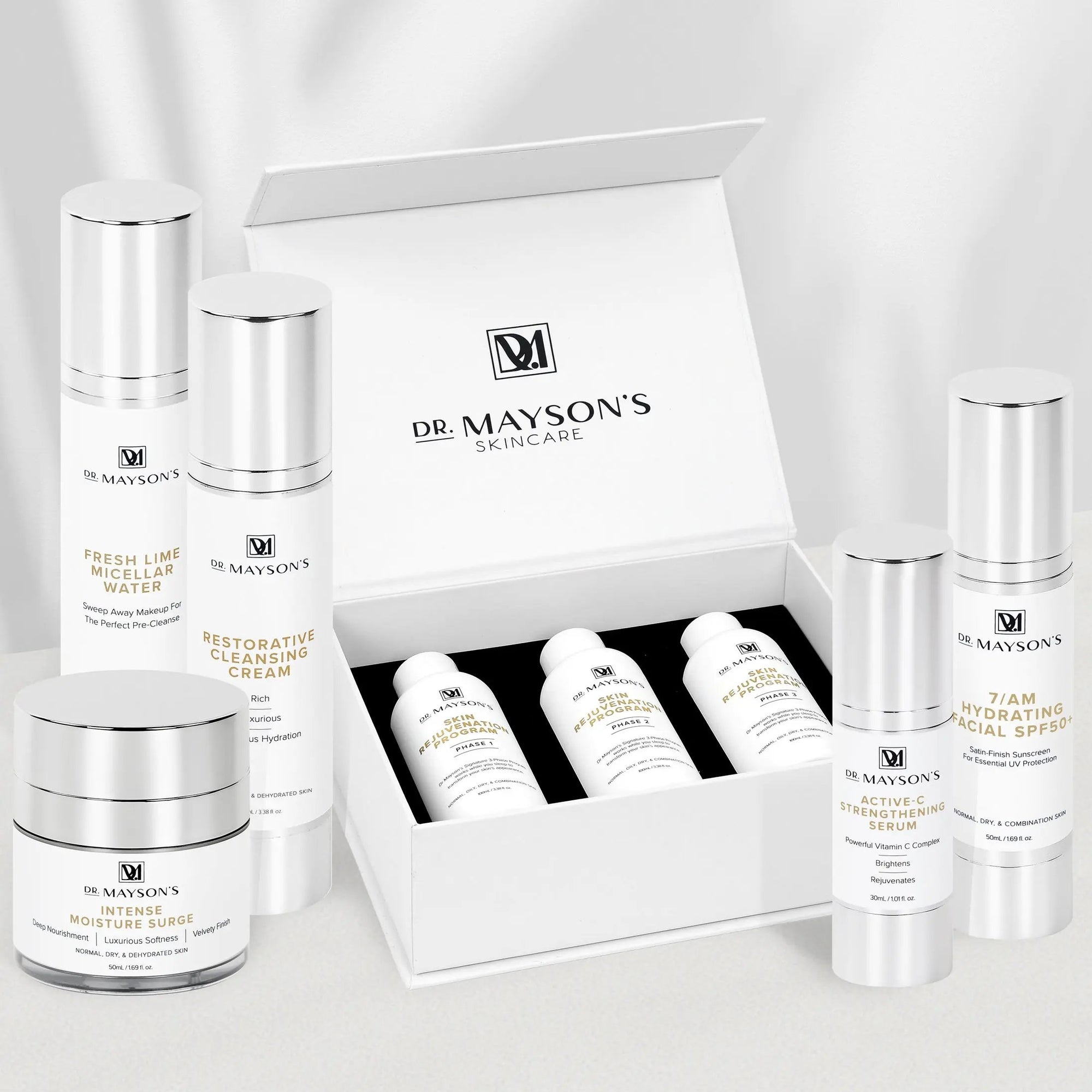Signature Collection No. 5 Dr Mayson's Skincare. 3-phase skin rejuvenation program. fresh lime micellar water. restorative cleansing cream. intense moisture surge. active-c strengthening serum. 7/am hydrating facial spf 50+ sunscreen.