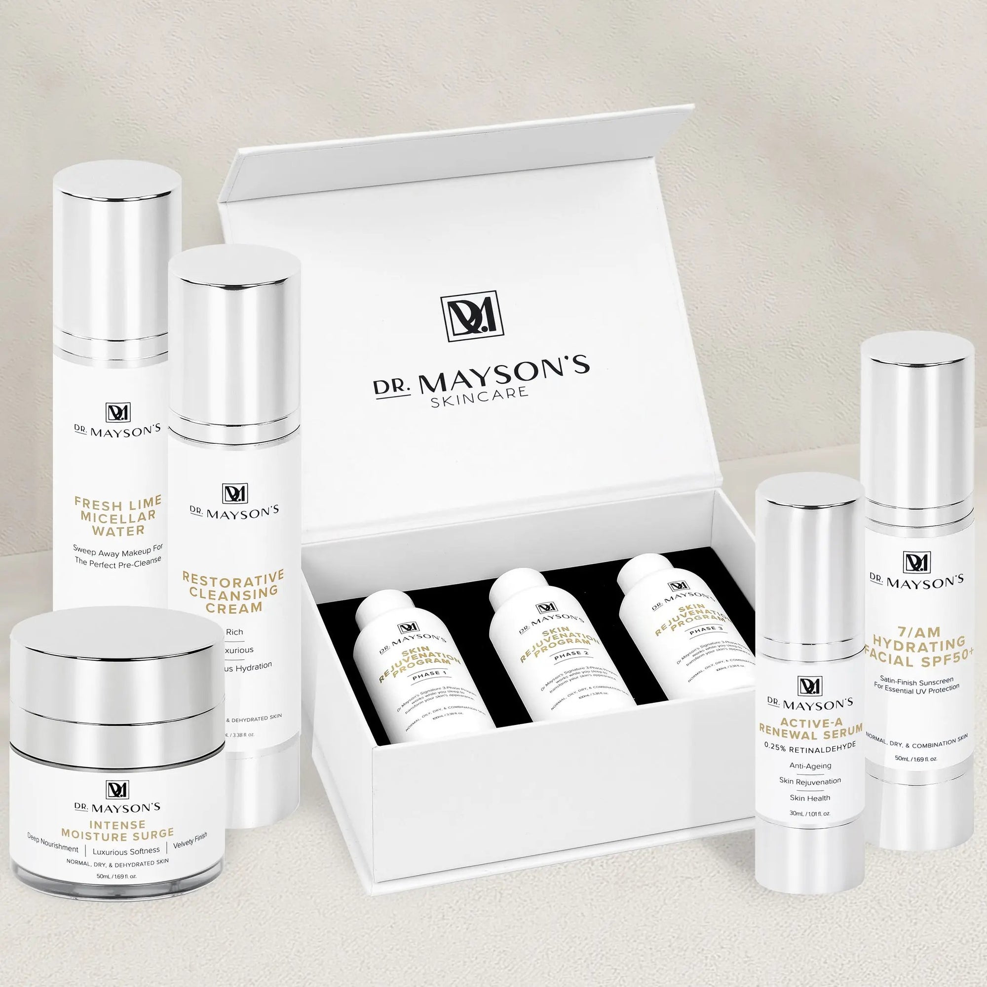 Signature Collection No. 6 Dr Mayson's Skincare. 3-phase skin rejuvenation program. fresh lime micellar water. restorative cleansing cream. intense moisture surge. luxe foaming gel cleanser. silkscreen revitalising moisturiser. active-a renewal serum. 7/am hydrating facial spf 50+ sunscreen.